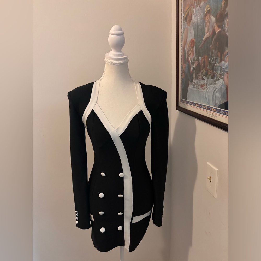 Chic Black & White Structured Mini Dress with Double-Breasted Button Detail